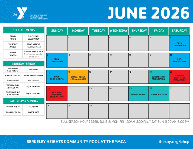 June Calendar for Berkeley Heights Community Pool