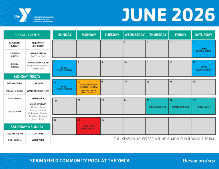 June Calendar for Springfield Community Pool